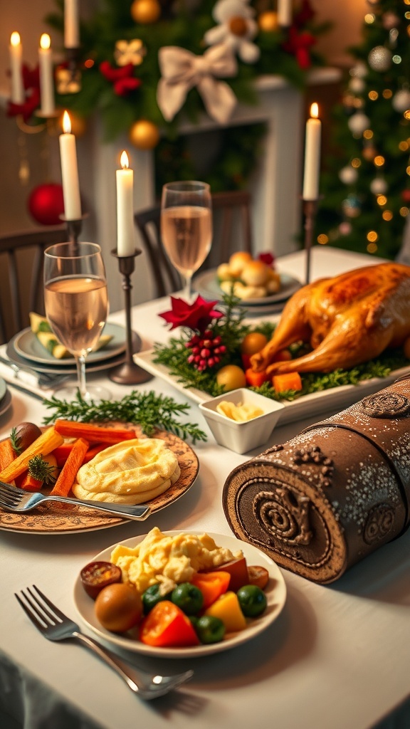 Christmas Dinner for Four Christmas dinner table with roast chicken, mashed potatoes, roasted vegetables, and chocolate yule log.
